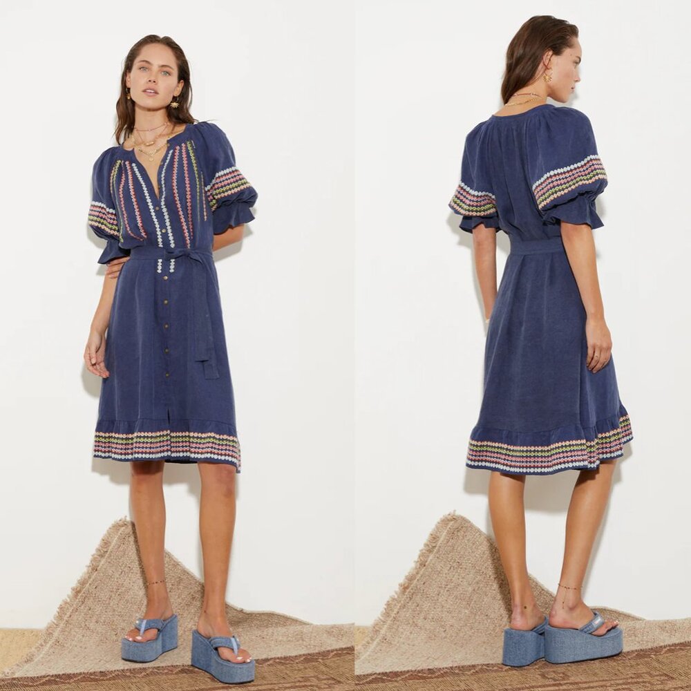 Boteh Jeanne Embroidered Smock Dress in Denim Blue 1 Small